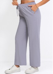 Grey bottoms,Plain Color bottoms,Drawstring Grey Straight Leg Elastic Waist High Waisted Pants