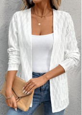 White tops,Plain Color tops,ROTITA White Pocket Long Sleeve Light Cardigan