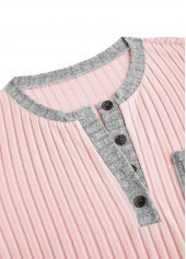 Light Pink tops,Contrast Color tops,ROTITA Button Light Pink Split Neck Long Sleeve Sweatshirt
