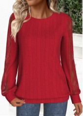 Red tops,Plain Color tops,ROTITA Lace Red Round Neck Long Sleeve Sweatshirt