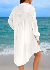 White swimwear,Plain Color swimwear,Turn Down Collar Button White Cover Up