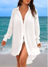 White swimwear,Plain Color swimwear,Turn Down Collar Button White Cover Up