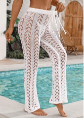 White swimwear,Plain Color swimwear,Drawstring Vacation White Beach Hollow Pants