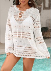 White swimwear,Plain Color swimwear,Lace Up Detail White Cover Up