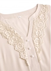 Beige tops,Plain Color tops,ROTITA Embroidery Beige Split Neck Long Sleeve Blouse