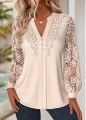 Beige Bluse mit langen Ärmeln und Schlitz am Ausschnitt und Rotita-Stickerei