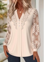 Beige tops,Plain Color tops,ROTITA Embroidery Beige Split Neck Long Sleeve Blouse
