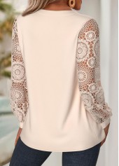 Beige tops,Plain Color tops,ROTITA Embroidery Beige Split Neck Long Sleeve Blouse