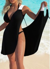 Black swimwear,Plain Color swimwear,ROTITA Lace Black Patchwork Bikini Set With Matching Cover Up
