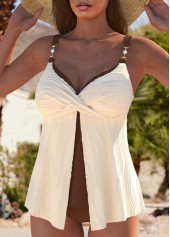 Beige swimwear,Plain Color swimwear,ROTITA Jacquard Beige Criss Cross Tankini Set