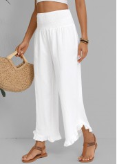 White bottoms,Plain Color bottoms,Wide Leg Elastic Waist High Waisted White Pants