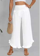 White bottoms,Plain Color bottoms,Wide Leg Elastic Waist High Waisted White Pants