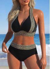 Black swimwear,Plain Color swimwear,ROTITA Jacquard Black Patchwork Tie Bikini Set