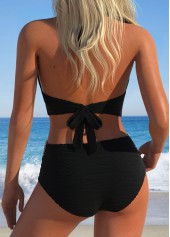 Black swimwear,Plain Color swimwear,ROTITA Jacquard Black Patchwork Tie Bikini Set