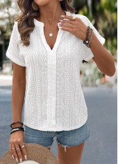 White tops,Plain Color tops,ROTITA Lace White Split Neck Short Sleeve Blouse