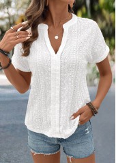 White tops,Plain Color tops,ROTITA Lace White Split Neck Short Sleeve Blouse