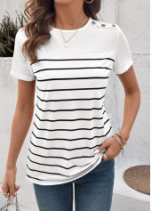 White tops,Striped tops,Geometric tops,ROTITA Button Striped White Round Neck Short Sleeve T Shirt