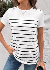 White tops,Striped tops,Geometric tops,ROTITA Button Striped White Round Neck Short Sleeve T Shirt