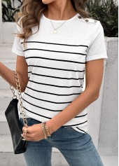 White tops,Striped tops,Geometric tops,ROTITA Button Striped White Round Neck Short Sleeve T Shirt