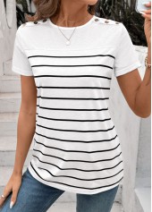 White tops,Striped tops,Geometric tops,ROTITA Button Striped White Round Neck Short Sleeve T Shirt