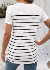 White tops,Striped tops,Geometric tops,ROTITA Button Striped White Round Neck Short Sleeve T Shirt