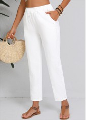White bottoms,Plain Color bottoms,Straight Leg Elastic Waist White High Waisted Pants