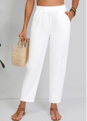 White bottoms,Plain Color bottoms,Straight Leg Elastic Waist White High Waisted Pants