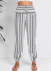 White bottoms,Geometric bottoms,Drawstring Geometric Print White Jogger Elastic Waist Pants