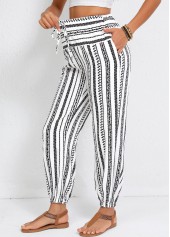 White bottoms,Geometric bottoms,Drawstring Geometric Print White Jogger Elastic Waist Pants