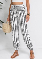White bottoms,Geometric bottoms,Drawstring Geometric Print White Jogger Elastic Waist Pants