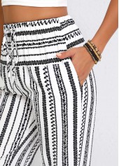 White bottoms,Geometric bottoms,Drawstring Geometric Print White Jogger Elastic Waist Pants