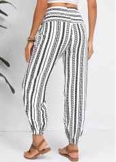 White bottoms,Geometric bottoms,Drawstring Geometric Print White Jogger Elastic Waist Pants