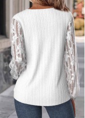 White tops,Plain Color tops,ROTITA Lace White V Neck Long Sleeve Blouse