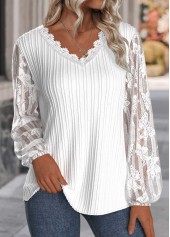 White tops,Plain Color tops,ROTITA Lace White V Neck Long Sleeve Blouse