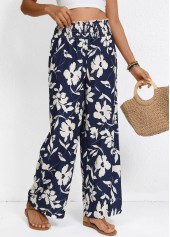Navy bottoms,Plants bottoms,Smocked Plants Print Navy Wide Leg Elastic Waist Pants