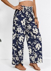 Navy bottoms,Plants bottoms,Smocked Plants Print Navy Wide Leg Elastic Waist Pants