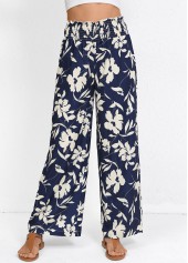 Marineblaue Hose mit weitem Bein und gesmoktem Pflanzen-Print und elastischer Taille