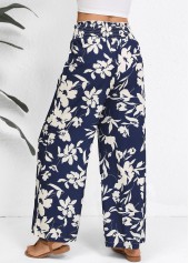 Navy bottoms,Plants bottoms,Smocked Plants Print Navy Wide Leg Elastic Waist Pants