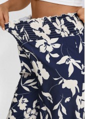 Navy bottoms,Plants bottoms,Smocked Plants Print Navy Wide Leg Elastic Waist Pants