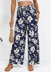 Navy bottoms,Plants bottoms,Smocked Plants Print Navy Wide Leg Elastic Waist Pants