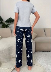 Navy loungewear,Contrast Color loungewear,Navy Round Neck Short Sleeve Lounge Top and Pants