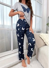 Navy loungewear,Contrast Color loungewear,Navy Round Neck Short Sleeve Lounge Top and Pants