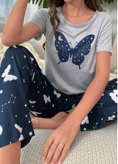 Navy loungewear,Contrast Color loungewear,Navy Round Neck Short Sleeve Lounge Top and Pants