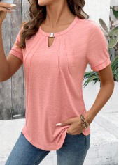 Pink tops,Plain Color tops,ROTITA Cut Out Pink Round Neck Short Sleeve T Shirt
