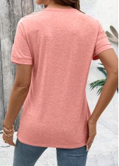 Pink tops,Plain Color tops,ROTITA Cut Out Pink Round Neck Short Sleeve T Shirt