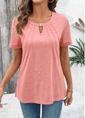 Pink tops,Plain Color tops,ROTITA Cut Out Pink Round Neck Short Sleeve T Shirt