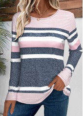 Pink tops,Striped tops,Geometric tops,ROTITA Striped Pink Round Neck Long Sleeve T Shirt