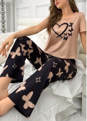 Light Camel loungewear,Contrast Color loungewear,Heart loungewear,Light Camel Round Neck Lounge Top and Pants