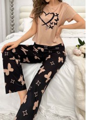 Light Camel loungewear,Contrast Color loungewear,Heart loungewear,Light Camel Round Neck Lounge Top and Pants