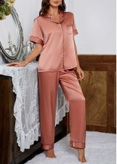 Dusty Pink loungewear,Plain Color loungewear,Dusty Pink Turn Down Collar Lounge Top and Pants